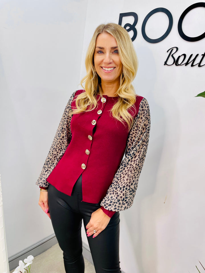 LADIES KNITTED LEOPARD SLEEVE CARDIGAN TOP - BLACK, WINE, BROWN