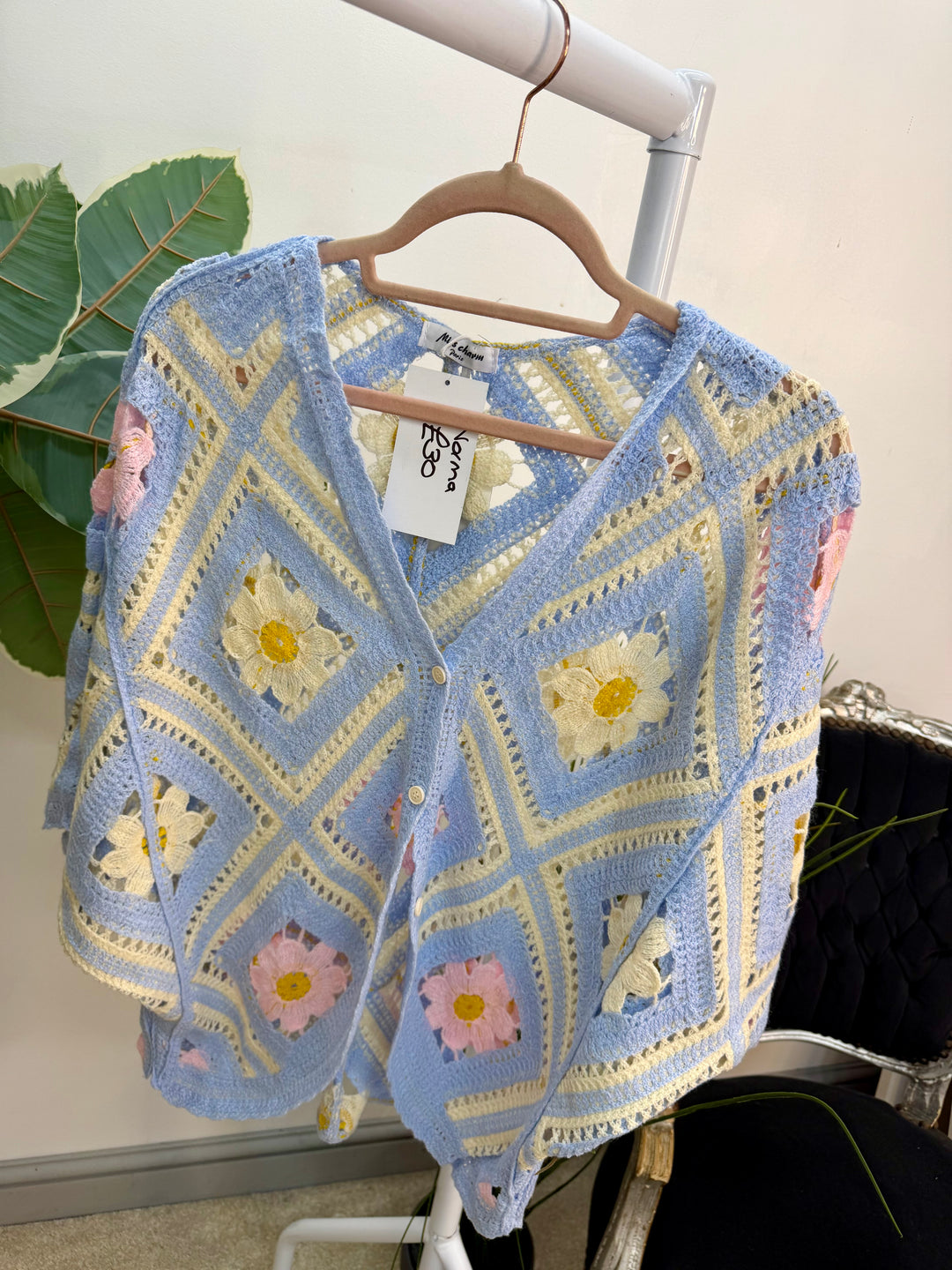 Ladies Fashion Crochet Shrug Cardigan - lemon, blue & pink