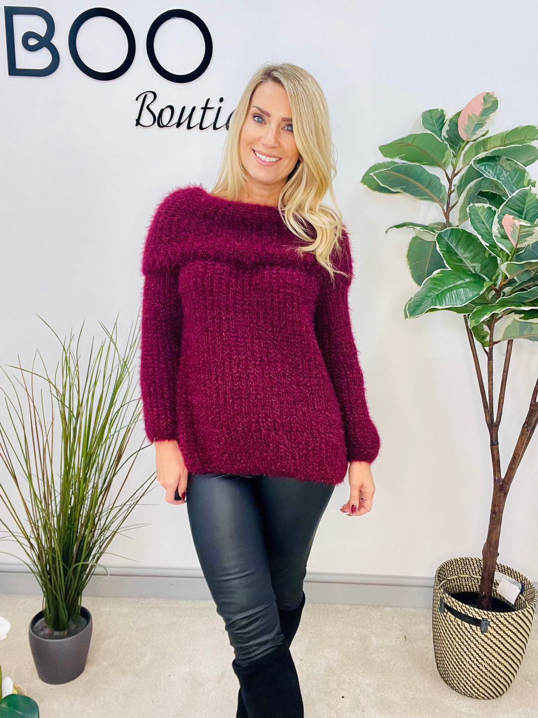LADIES FLUFFY BARDOT JUMPER - NAVY, BLACK, WINE, MOCHA, BROWN, CREAM