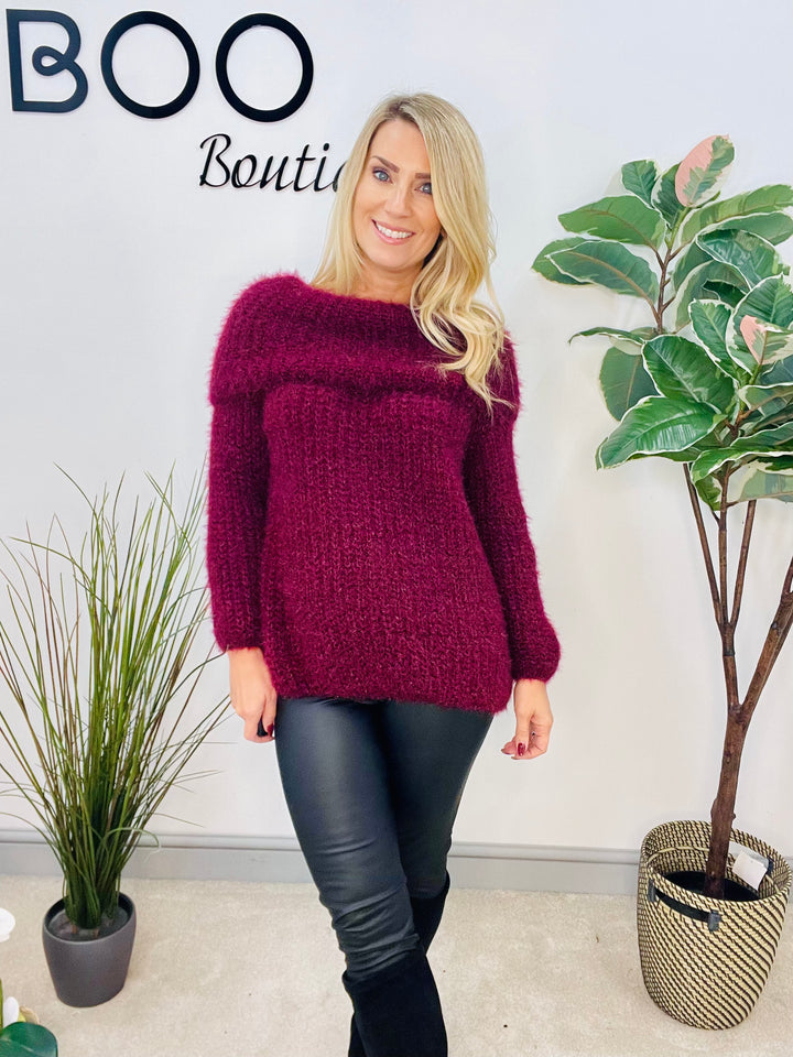 LADIES FLUFFY BARDOT JUMPER - NAVY, BLACK, WINE, MOCHA, BROWN, CREAM