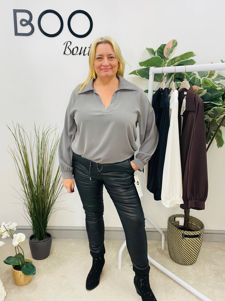 LADIES V NECK LUXURY BLOUSE - BROWN, GREY, WHITE & BLACK