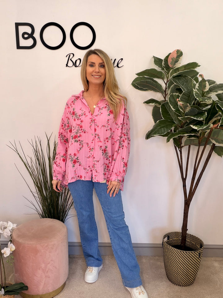 Ladies Fashion Pink Cheesecloth Long Sleeve Blouse Top