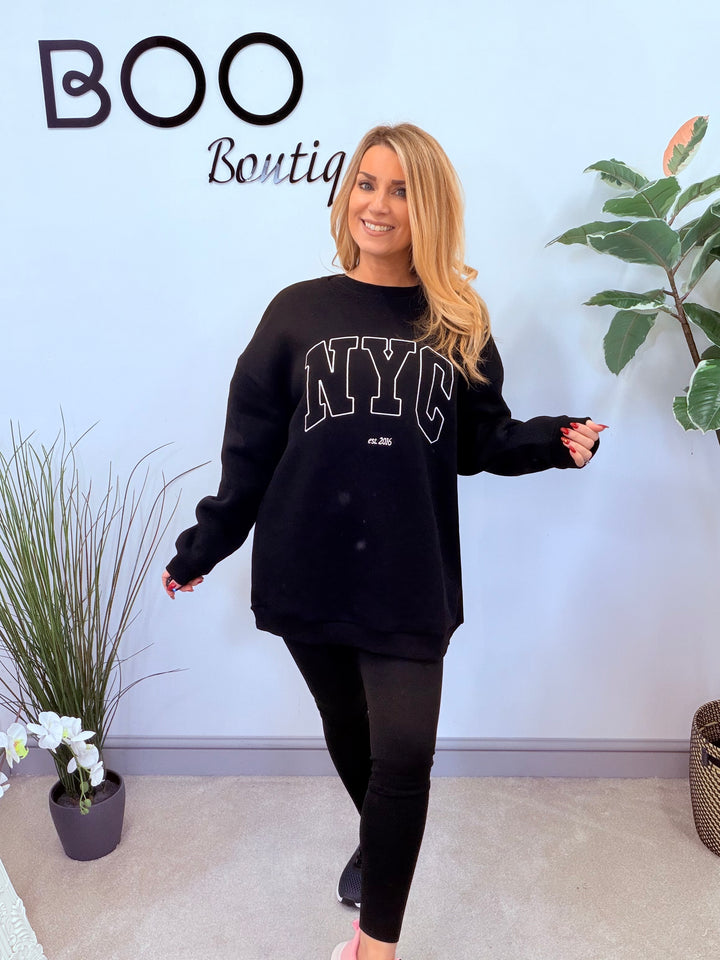 LADIES FASHION BLACK NYC LONG SWEATSHIRT TOP