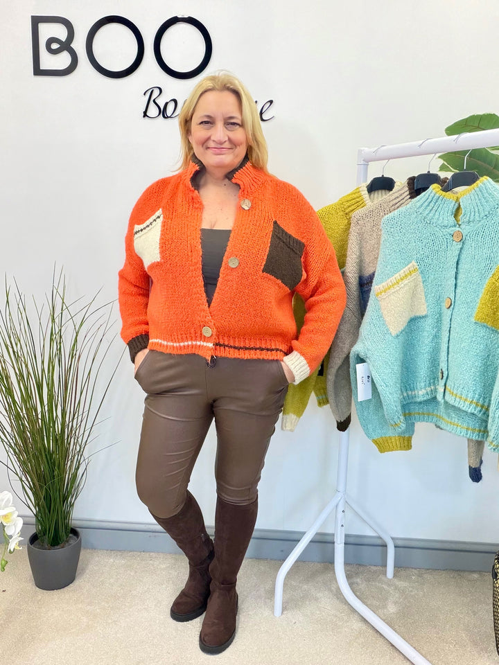 LADIES FUNKY CHUNKY KNIT TWO TONE CARDIGAN - MINT, BEIGE, ORANGE & LIME