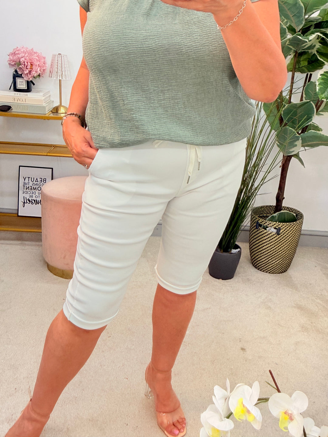 Ladies Fashion White Bermuda Magic Shorts