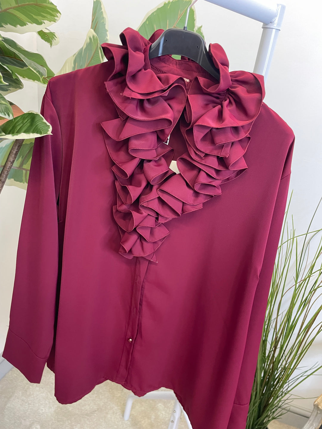 LADIES RUFFLE FRILL BLOUSE SHIRT - WHITE, BLACK, BROWN & BERRY