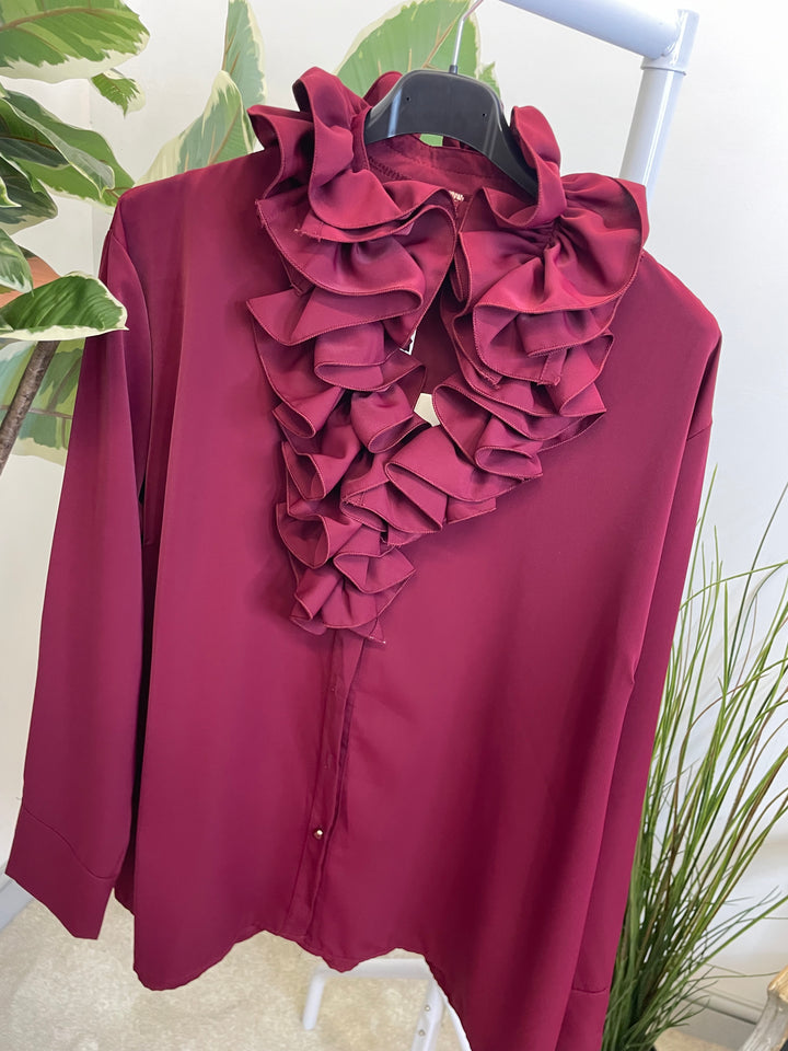 LADIES RUFFLE FRILL BLOUSE SHIRT - WHITE, BLACK, BROWN & BERRY