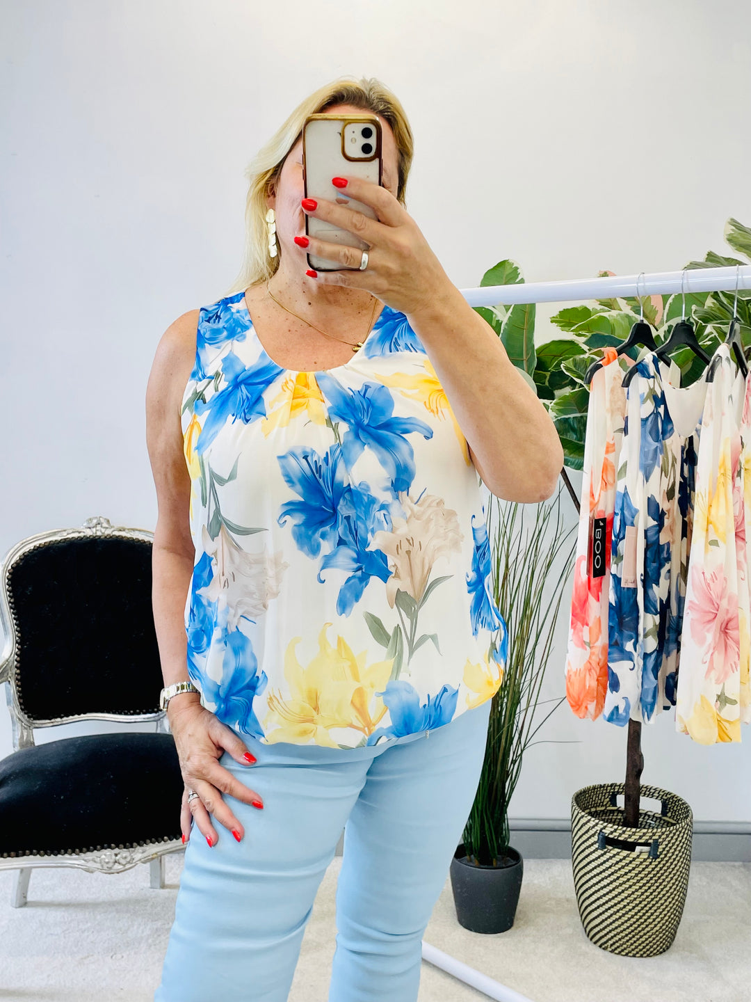LADIES CHIFFON FLORAL PRINT TOP - PINK, ORANGE, NAVY, BLUE