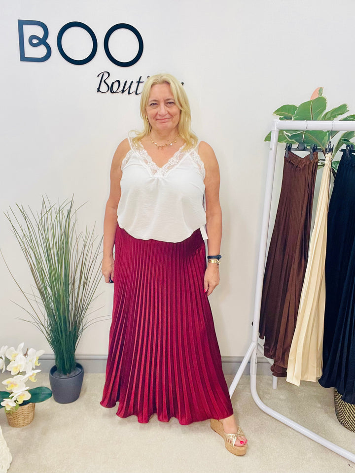 LADIES SATIN PLEATED MAXI SKIRT - BLACK, BURGUNDY, BROWN & CHAMPAGNE