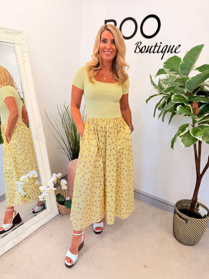 Ladies Fashion T Shirt Polka Dot Midi Dress - Blue, Pink, Black & Lemon