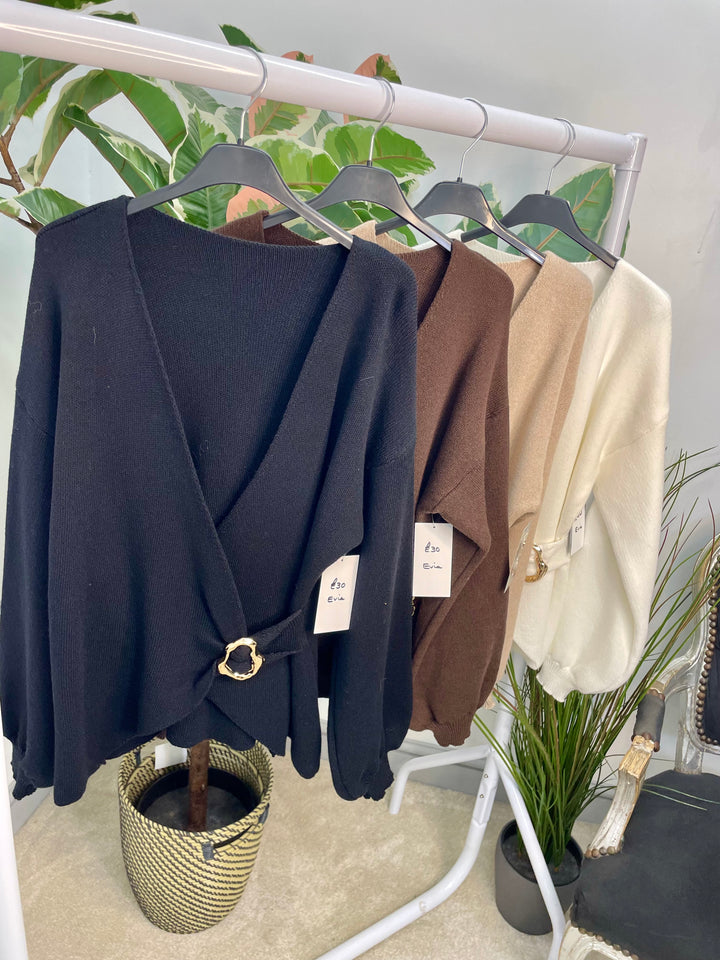 LADIES KNIT CROSS OVER JUMPER - WHITE, BEIGE, BROWN & BLACK