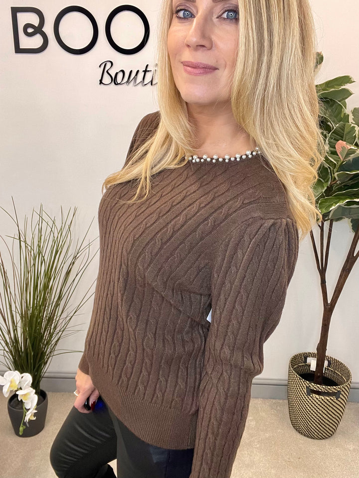 LADIES CABLE KNIT PEARL NECK JUMPER - BERRY, CREAM, BLACK, RED, BROWN