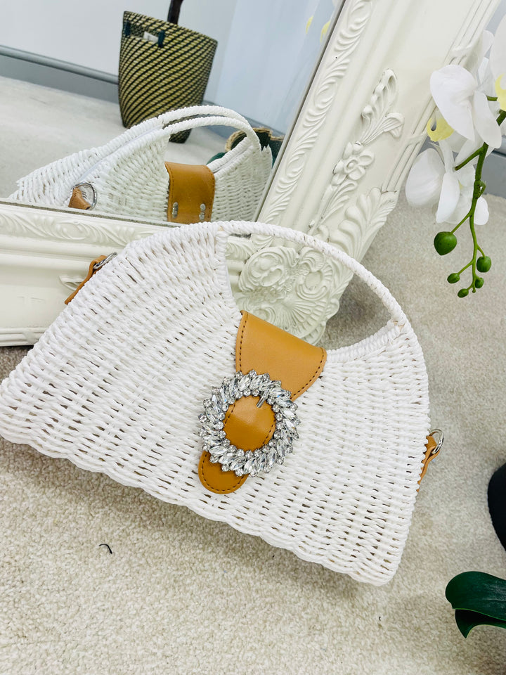 LADIES WOMENS WHITE RAFFIA DIAMANTE CLUTCH HOLIDAY SUMMER BAG