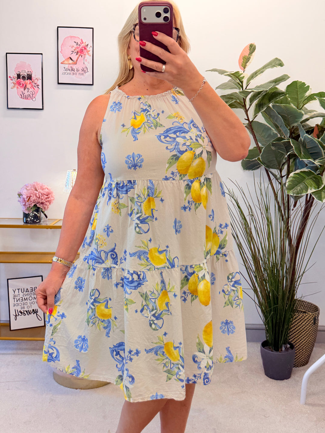 Ladies Lemon Print Summer Sun Dress - Blue & Beige