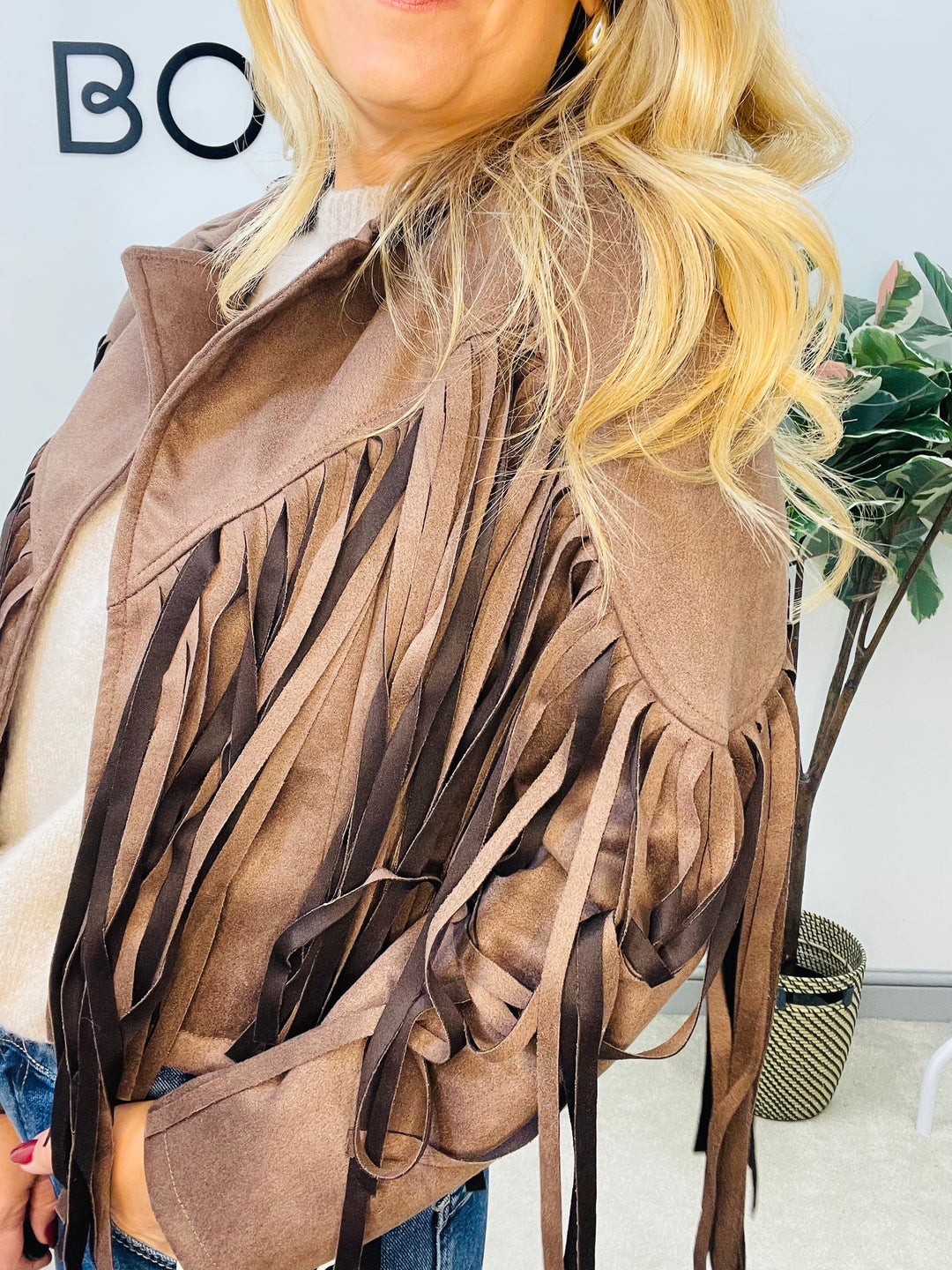 LADIES FAUX SUEDE FRINGED COWBOY BOLERO JACKET - WINE, BLACK, BEIGE & BROWN