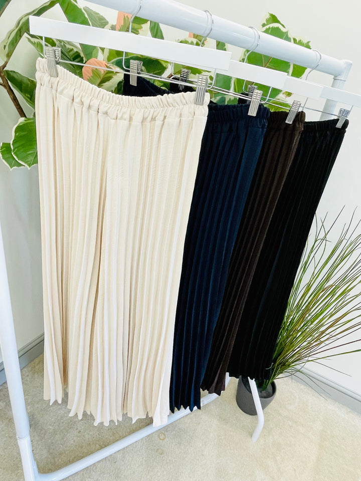 LADIES PLEATED WIDE LEG CULOTTE TROUSERS - BLACK, NAVY, BROWN, BEIGE