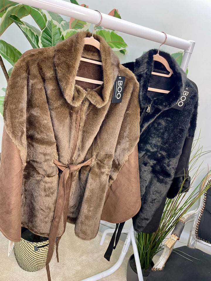 LADIES FAUX FUR FASHION CAPE - BLACK & BROWN