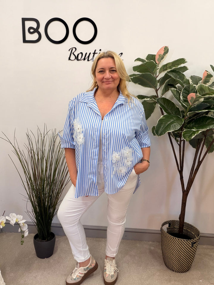 LADIES FASHION STRIPE COTTON SHIRT - YELLOW, BEIGE & BLUE