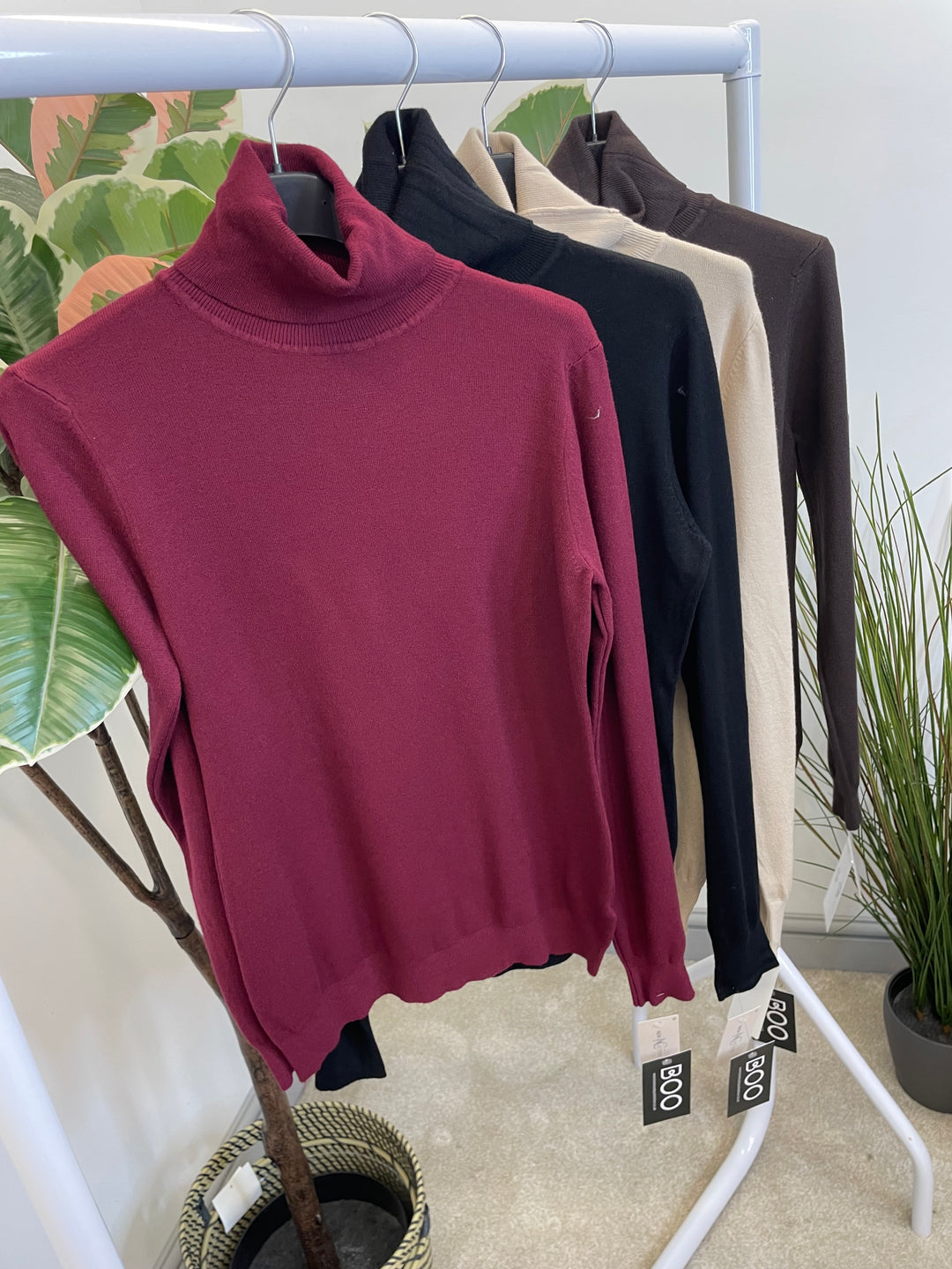 LADIES FINE KNIT ROLL NECK JUMPER - BERRY, BLACK, BEIGE & BROWN
