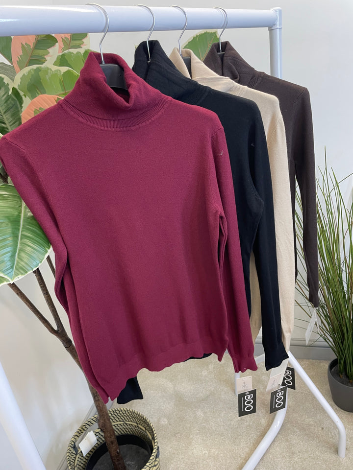 LADIES FINE KNIT ROLL NECK JUMPER - BERRY, BLACK, BEIGE & BROWN