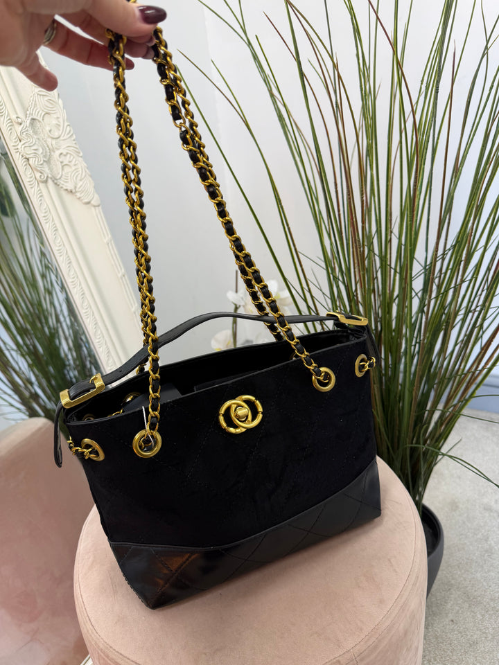 Ladies Fashion Inspired Faux Suede Handbag - black & camel