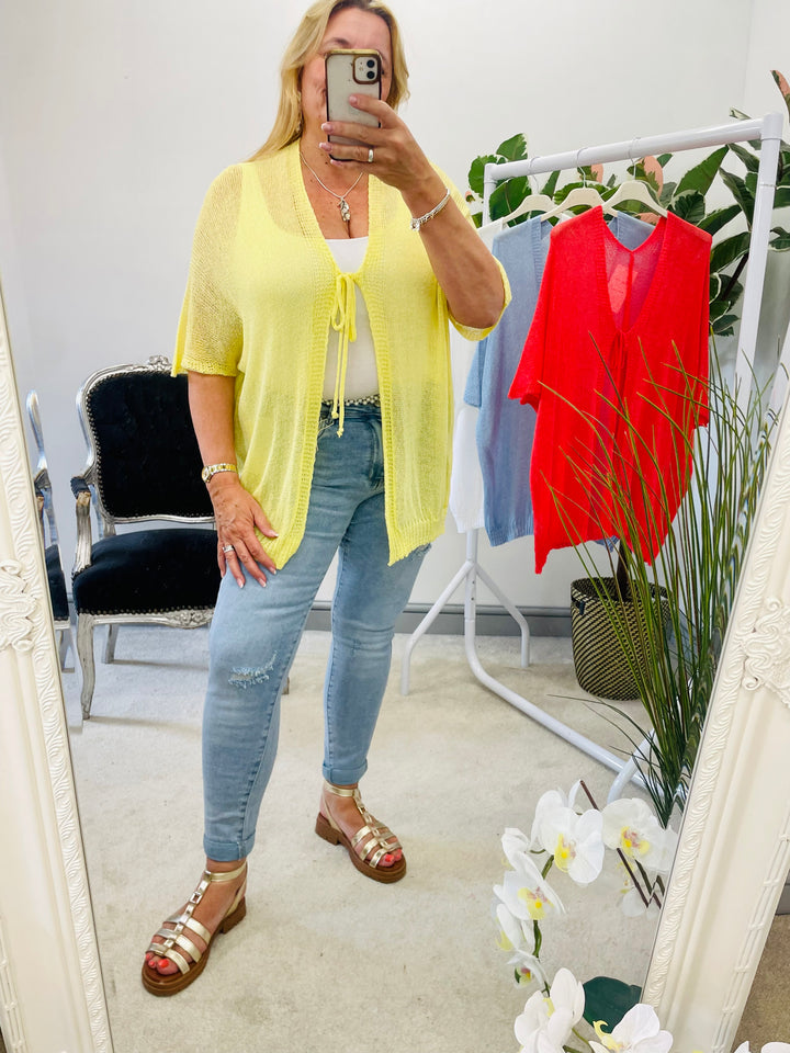 LADIES WOMENS FINE KNIT SUMMER HOLIDAY CARDIGAN - YELLOW, WHITE, CORAL & BLUE