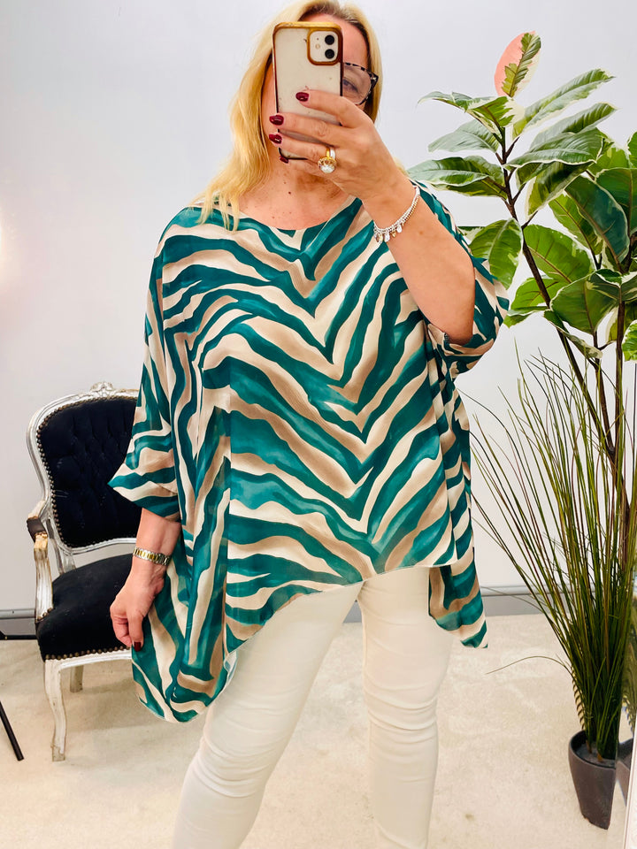 LADIES ZEBRA PRINT CHIFFON FLOATY TOP BLOUSE - GREEN, BLACK & BURGUNDY