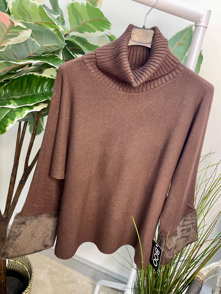 LADIES KNITTED FAUX FUR CUFF JUMPER - BURGUNDY, GREY, BLACK, BROWN, BEIGE, CAMEL
