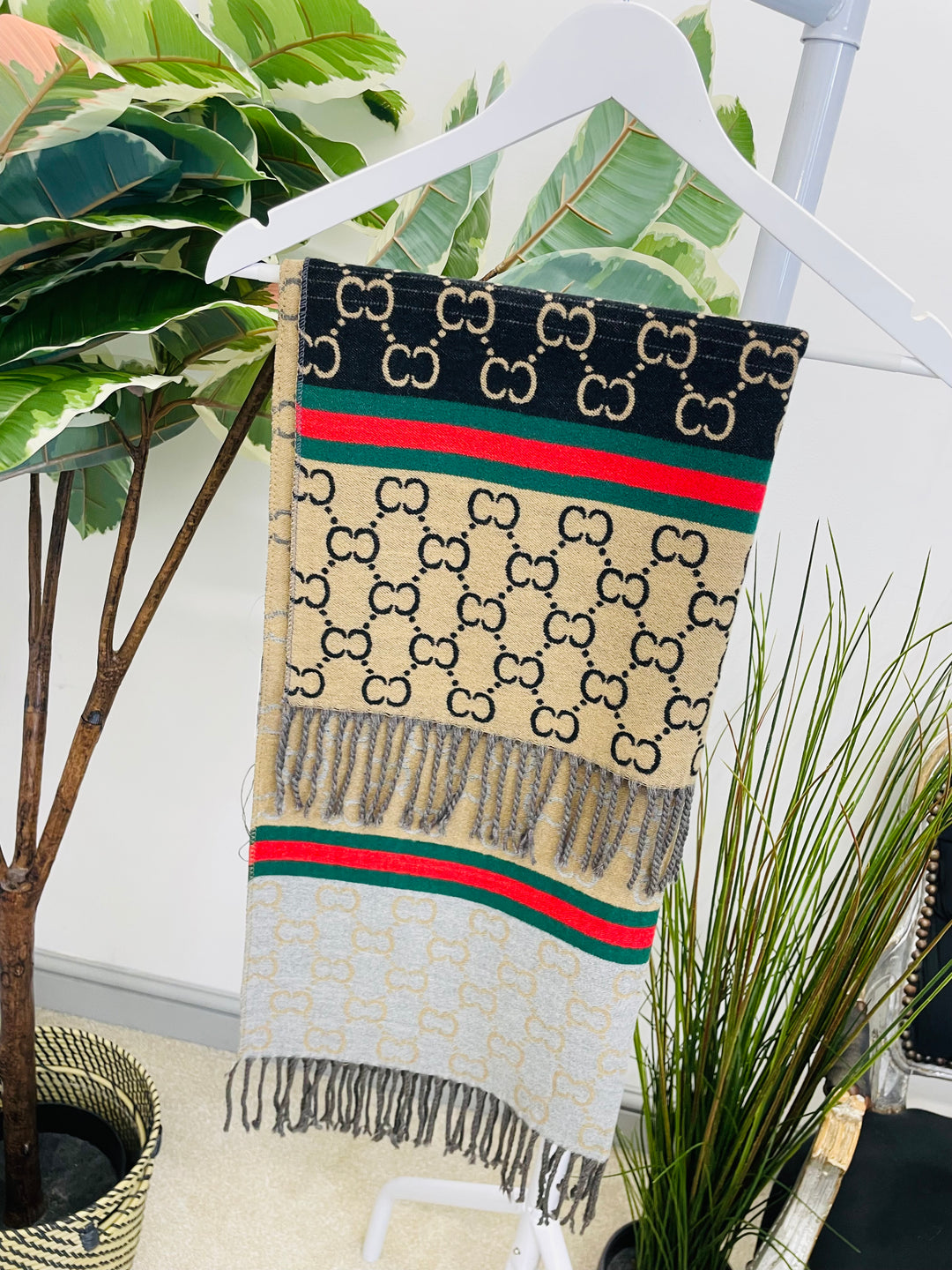 LADIES DESIGNER INSPIRED SCARF - PINK, BROWN, BLACK