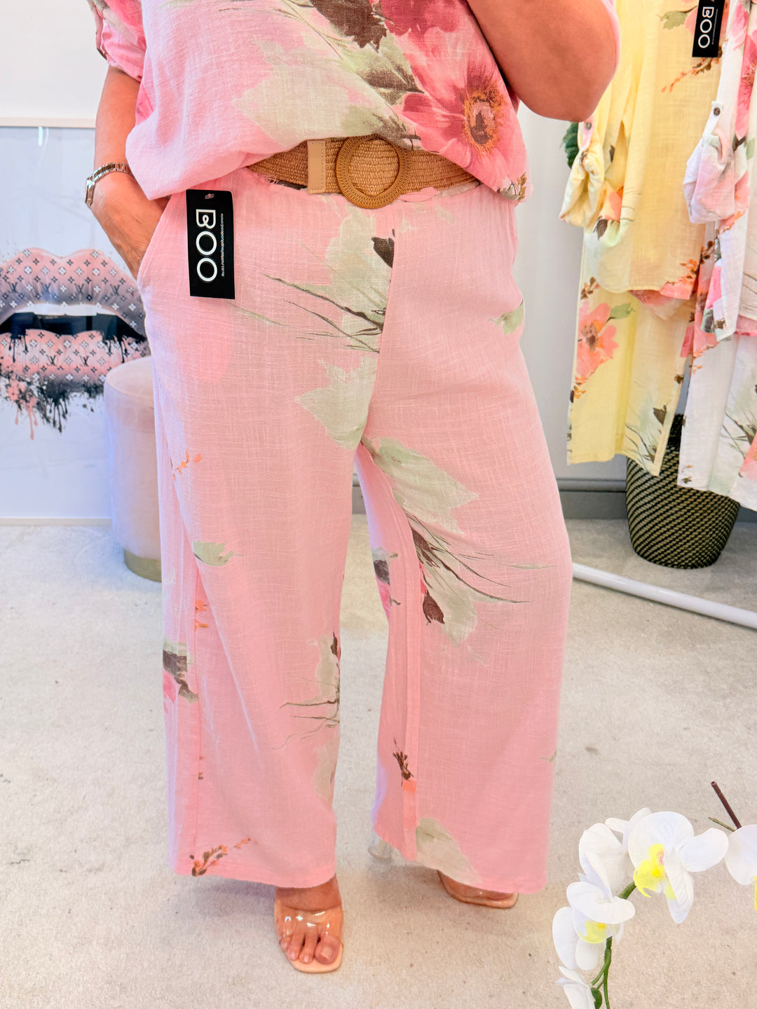 Ladies Fashion Flower Print Light Linen Wide Leg Trousers - White, Pink & Lemon