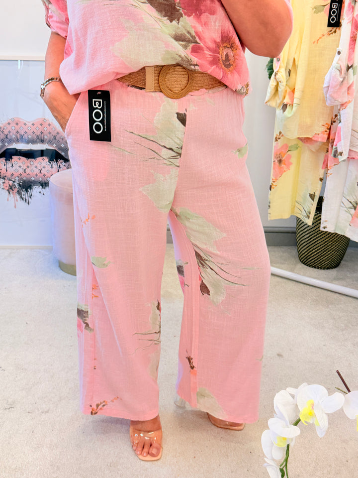 Ladies Fashion Flower Print Light Linen Wide Leg Trousers - White, Pink & Lemon