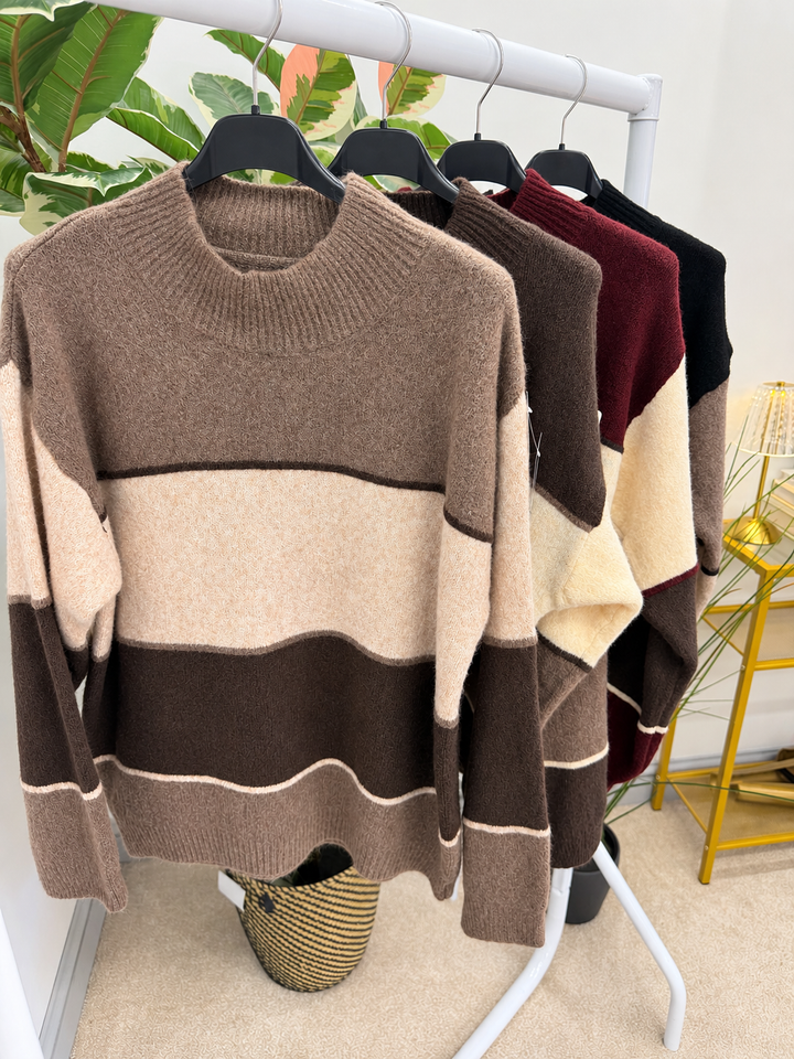 Women's colour block stripe jumper - black, mocha, brown & wine