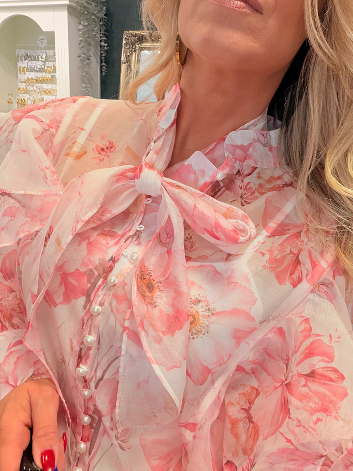 Ladies Sheer Pink Frill Blouse Top