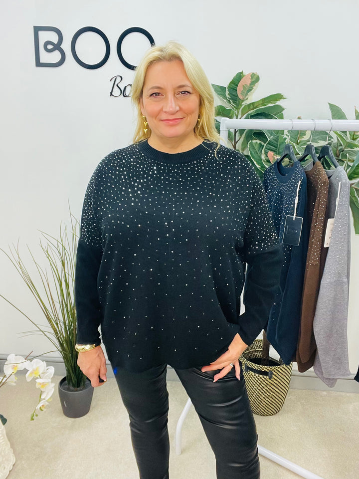 LADIES LOOSE FIT DIAMANTE OVERSIZE JUMPER - BLACK, GREY, NAVY, BROWN