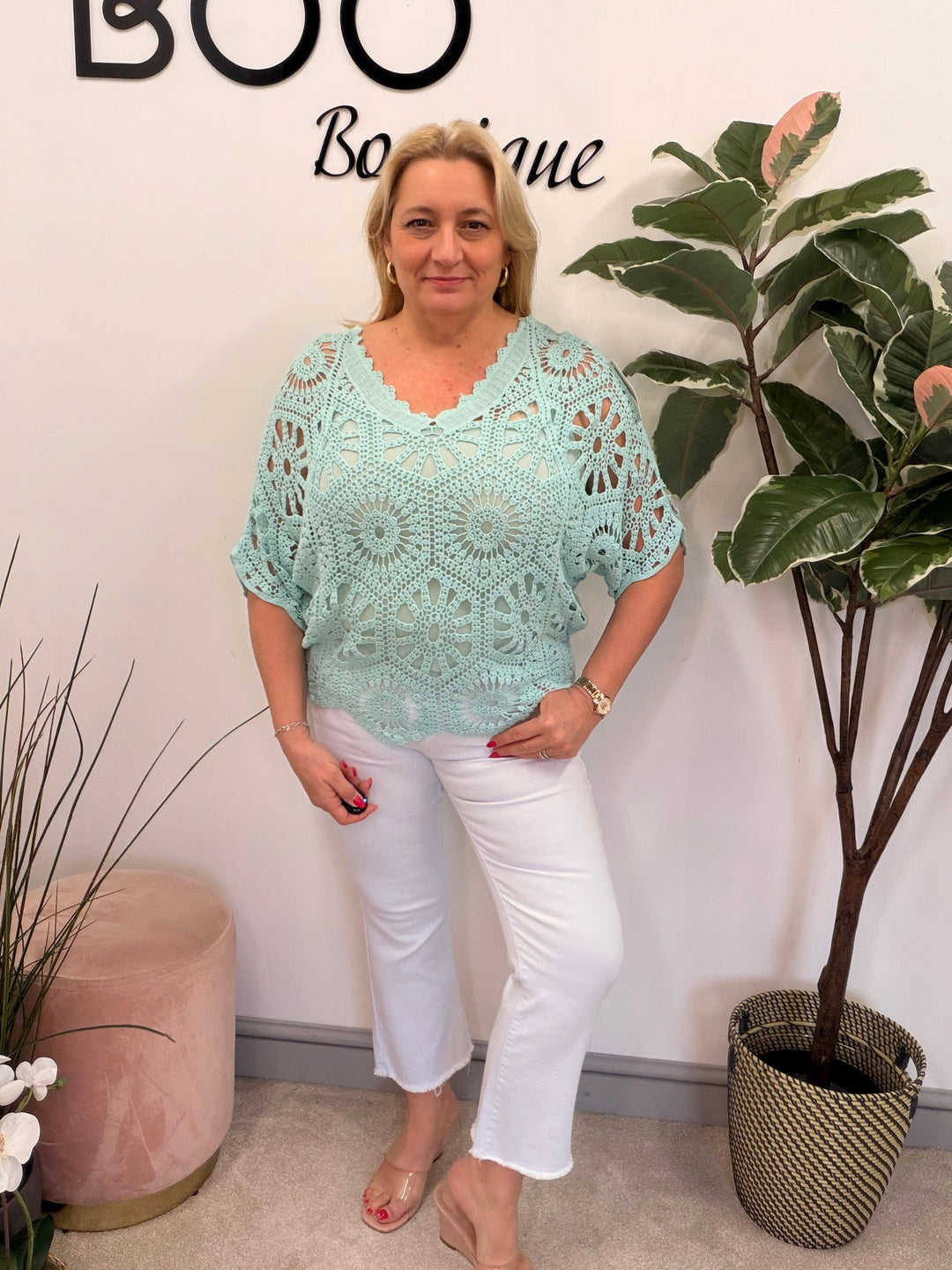 Ladies Fashion Crochet Open Knit Top mint