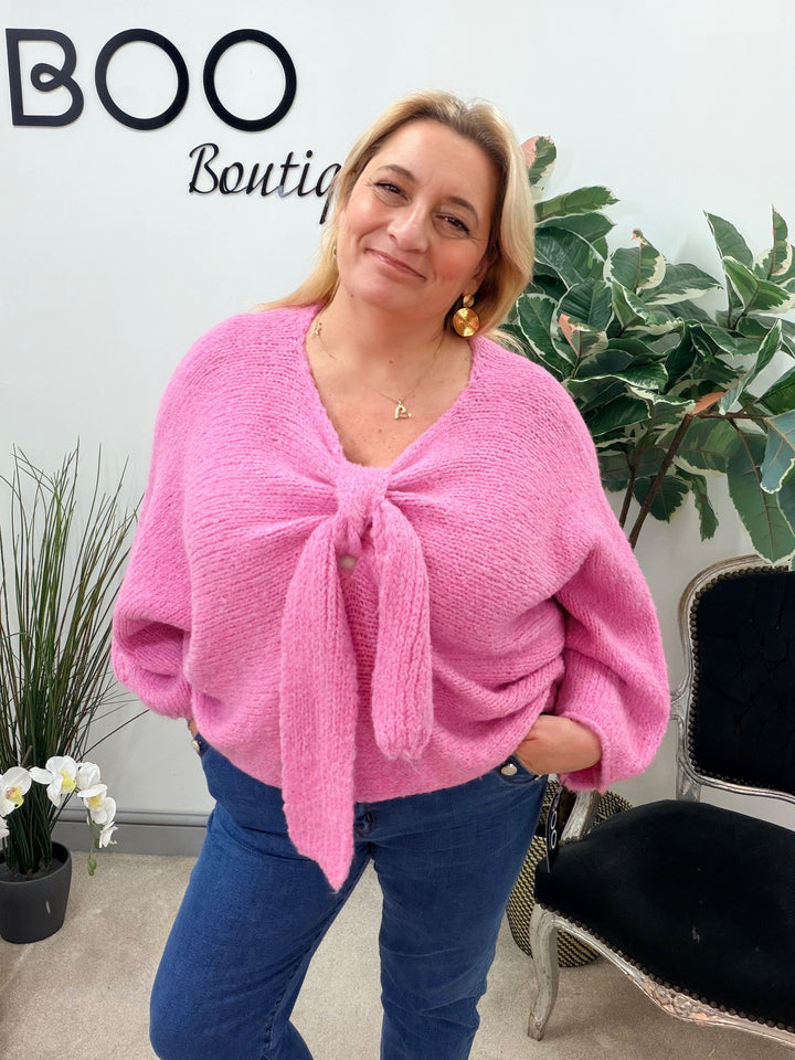LADIES CHUNKY BOW JUMPER - PINK, MINT, LEMON, BLUE, BEIGE & GREY