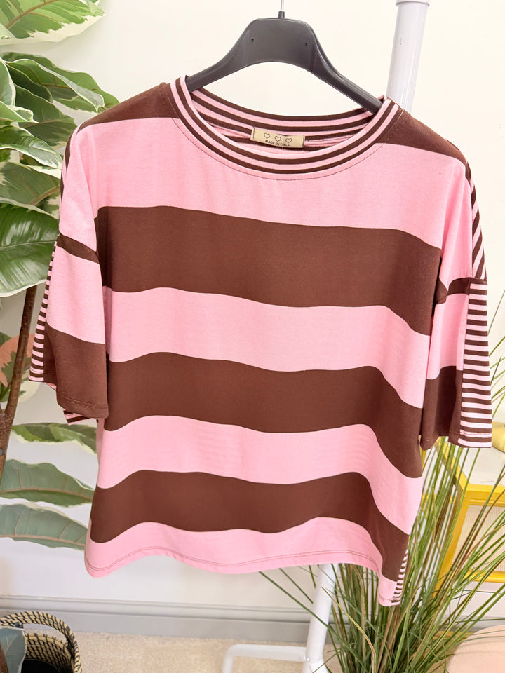 Ladies Colour Block Stripe T Shirt Top - Chocolate/Pink and Pink/Red