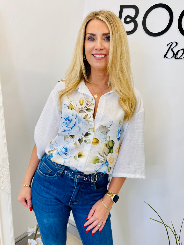 LADIES WHITE FLORAL PRINT LINEN SHIRT
