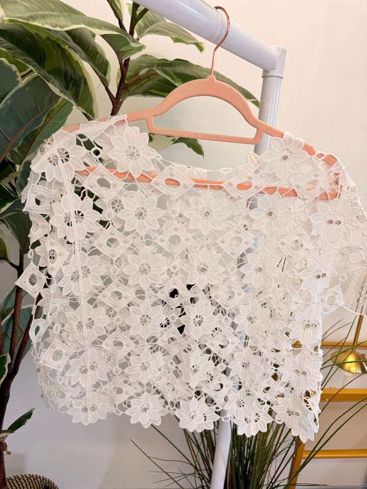 Ladies White Crochet Diamante & Pearl Top