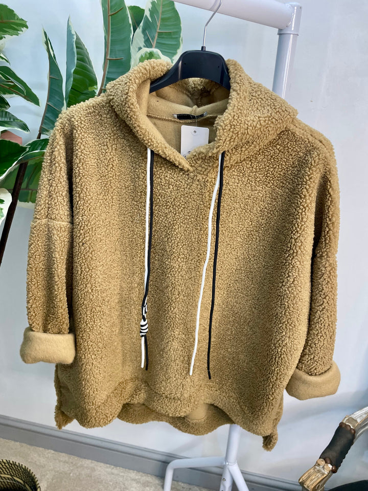LADIES BOUCLE HOODIE TOP - BLACK, WHITE, CAMEL & BROWN