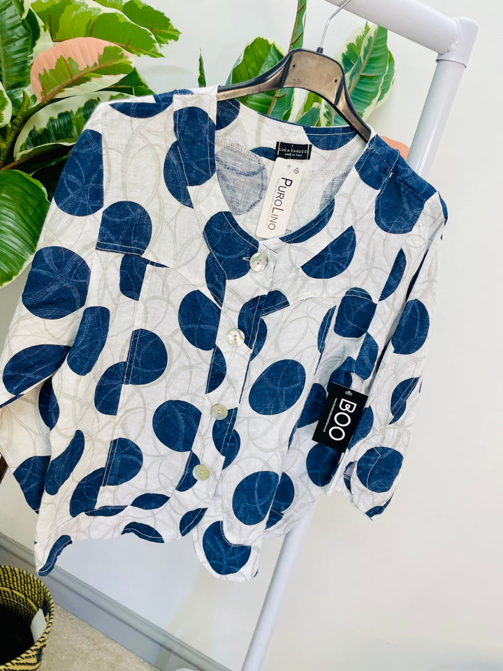 LADIES WHITE & NAVY LINEN CROPPED JACKET TOP