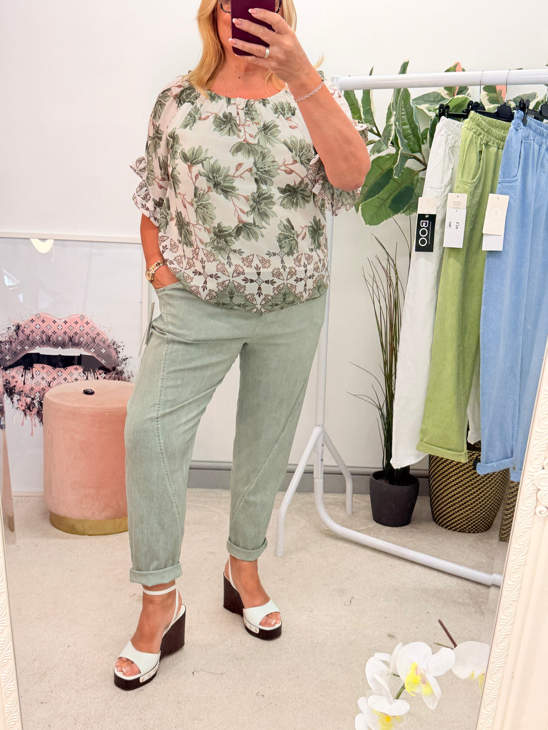 Ladies Fashion Stretch Balloon Leg Magic Trousers - White, Khaki, Denim & Lime