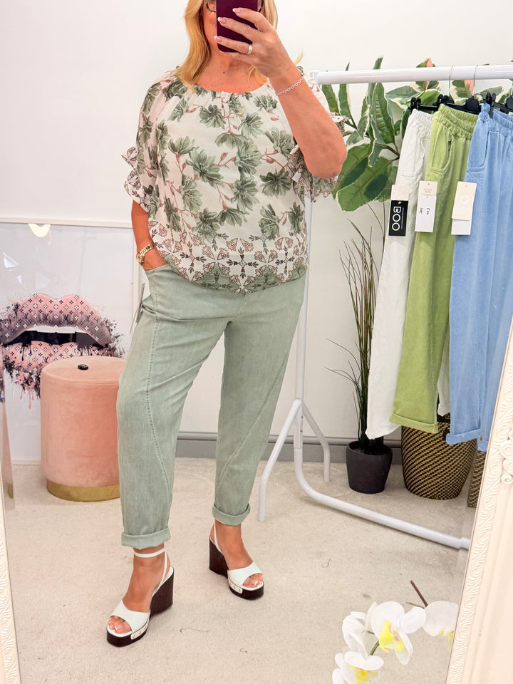 Ladies Fashion Stretch Balloon Leg Magic Trousers - White, Khaki, Denim & Lime
