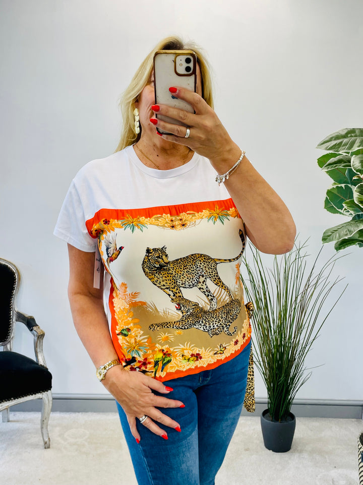 LADIES WHITE JUNGLE PRINT TEE SHIRT - ORANGE & GREEN