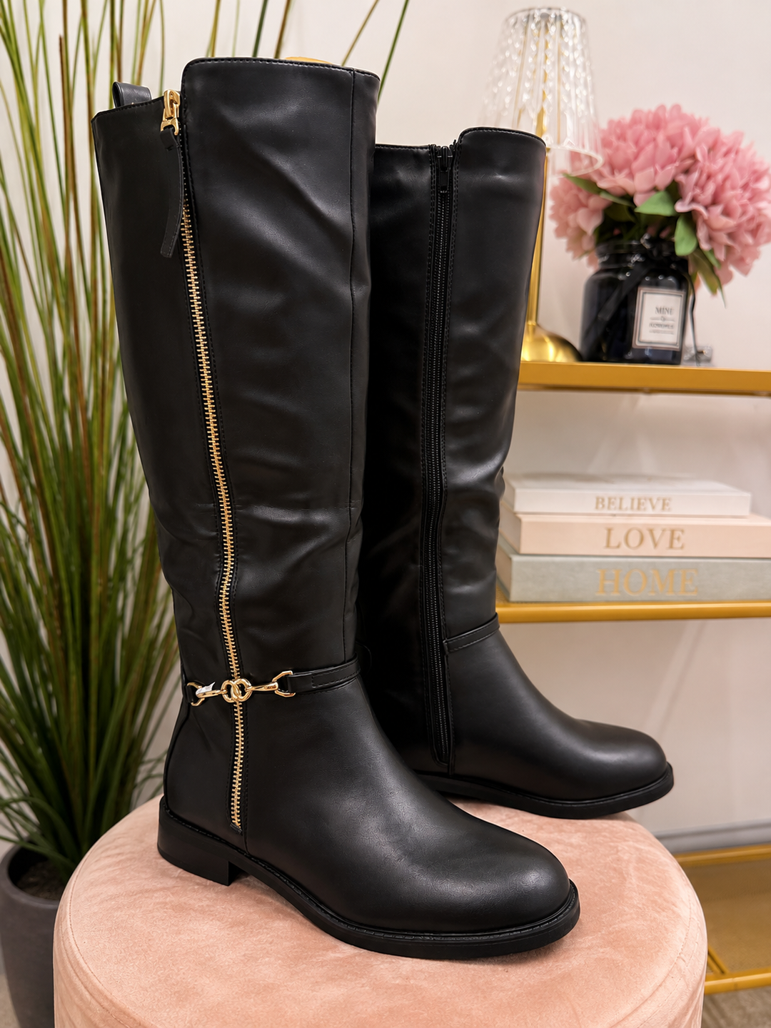 Ladies Flat Black Calf High Riding Boots