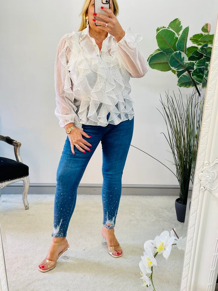 LADIES WOMENS SHEER DIAMANTE JEWELLED BLOUSE SHIRT - BLACK & WHITE