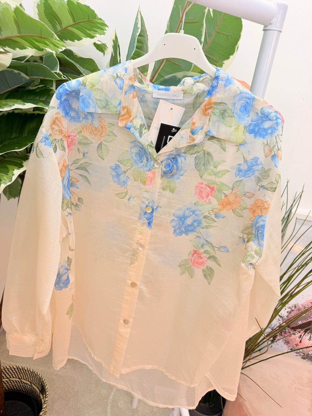 Ladies Fashion Floral Print Sheer Blouse Top - pink, lemon, blue