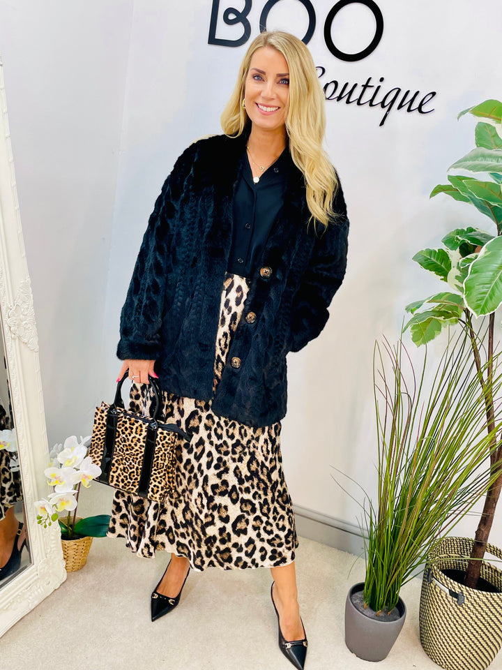LADIES LEOPARD PRINT SATIN MIDI SKIRT