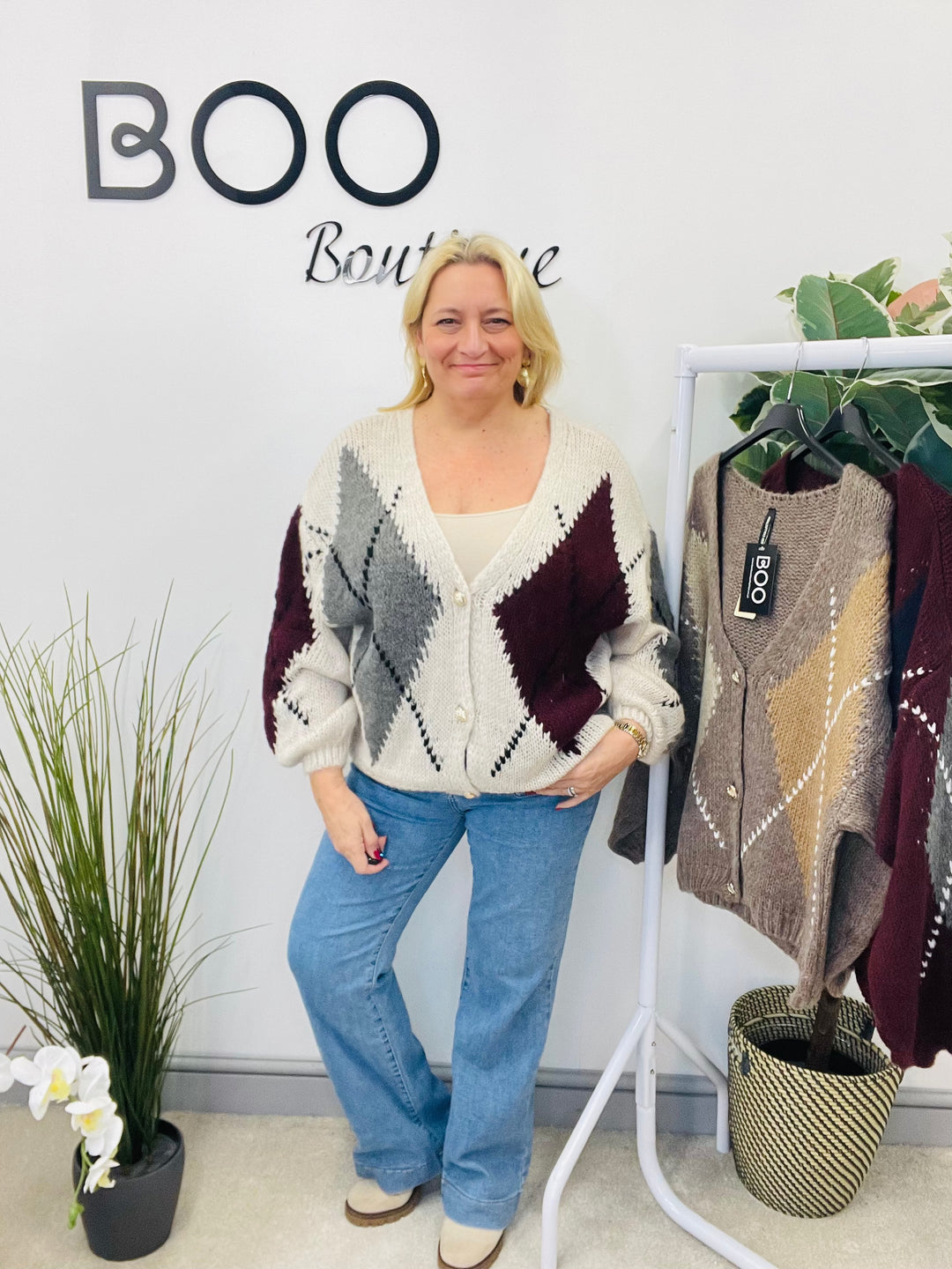 LADIES ARGYLE KNIT OVERSIZE CARDIGAN - BERRY, BEIGE, BROWN, MOCHA