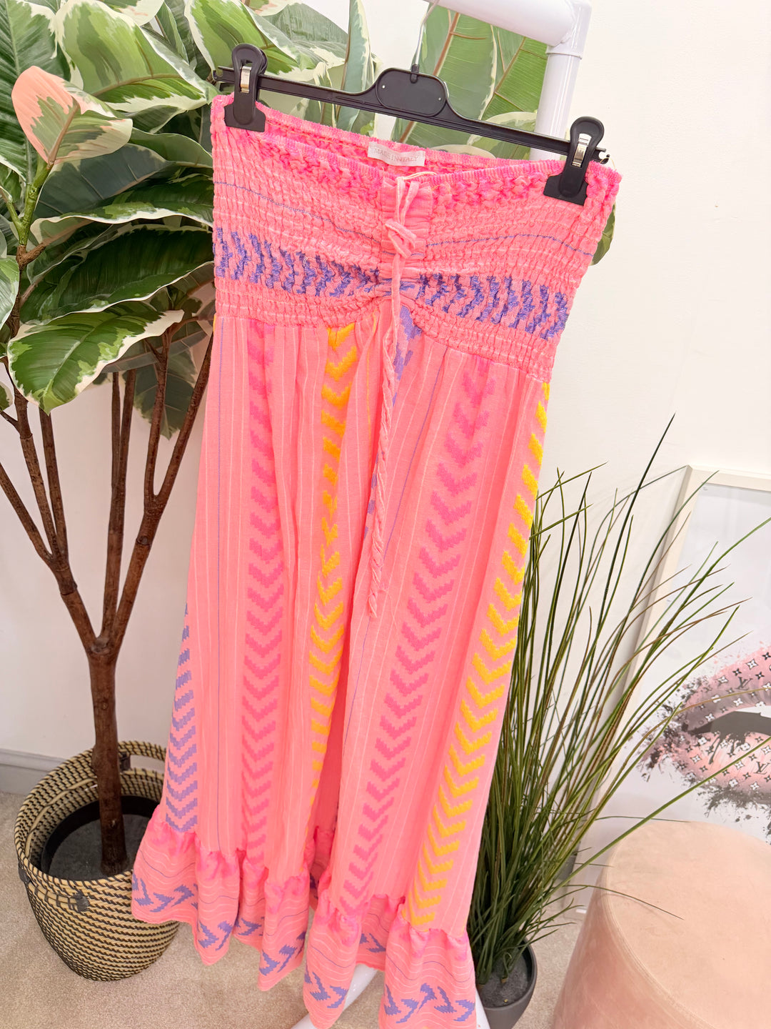 Ladies Fashion Linen Aztec Print Summer Maxi Dress - Blue, Lemon, Pink